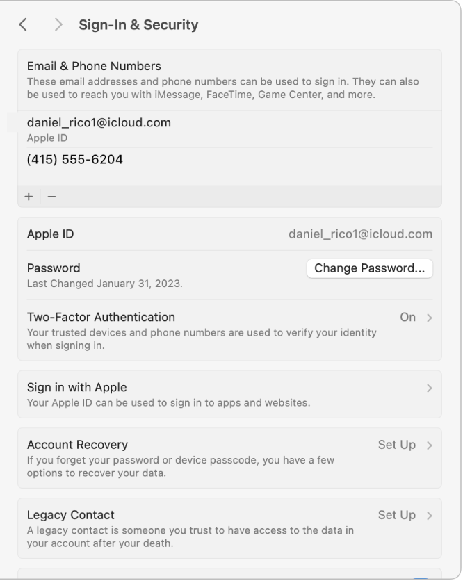De instellingen voor 'Apple ID', met de instellingen voor 'Wachtwoord en beveiliging' van een bestaande account.
