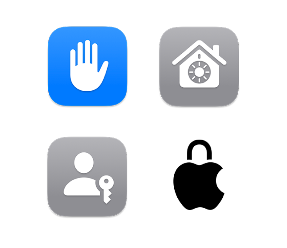 Cztery ikony przedstawiające prywatność i bezpieczeństwo, FileVault, klucze i prywatność w Apple.