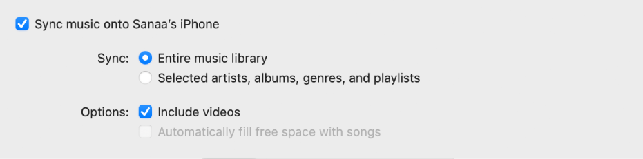 Pole wyboru Synchronizuj muzykę z urządzeniem oraz dodatkowe opcje synchronizacji całej biblioteki muzycznej lub tylko zaznaczonych rzeczy, w tym dołączanie nagrań wideo oraz notatek głosowych.