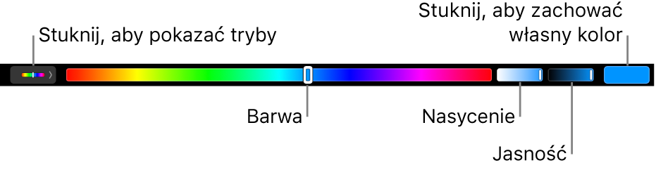Pasek Touch Bar z suwakami barwy, nasycenia i jasności w trybie HSB. Po lewej stronie widoczny jest przycisk wyświetlający wszystkie tryby, natomiast po prawej znajduje się przycisk pozwalający na zachowanie własnego koloru.