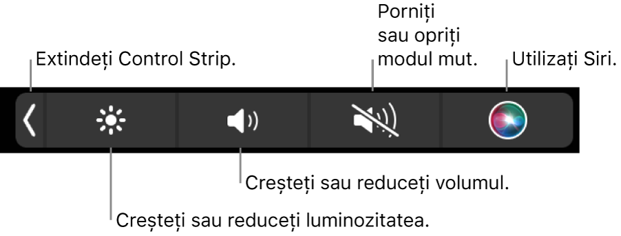 Control Strip restrâns include butoane – de la stânga la dreapta – pentru extinderea Control Strip, creșterea sau reducerea luminozității ecranului și a volumului, activarea sau dezactivarea modului mut și utilizarea Siri.