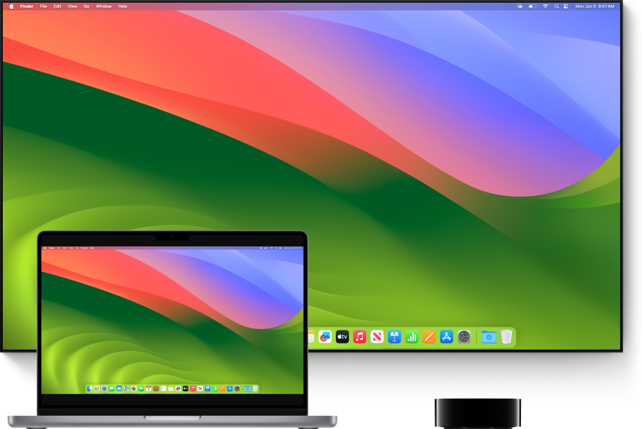 Mac, HD-телевизор и Apple TV, настроенные для видеоповтора AirPlay.