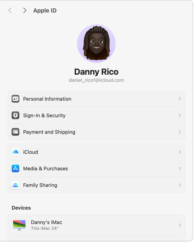 Настройки Apple ID. Вверху показаны имя и картинка пользователя для Apple ID, ниже — различные параметры учетной записи, которые можно настроить.