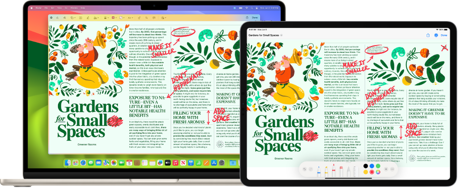 MacBook Air и iPad, размещенные рядом. На обоих экранах видна статья с рукописными пометками: зачеркнутые предложения, стрелки, добавленные слова. На экране iPad, внизу расположены инструменты разметки документа.