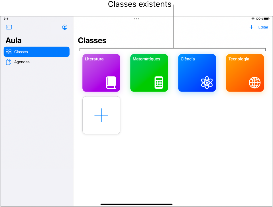 Una captura de pantalla que mostra les classes existents que s’han creat a l’app Aula.