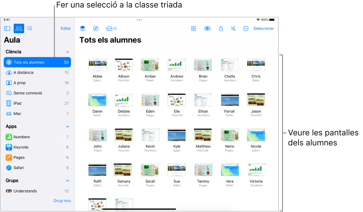 Una finestra de l’app Aula a l’iPad amb el botó Pantalles seleccionat a la fila d’accions i un grup seleccionat que indica que ara es poden visualitzar les pantalles.