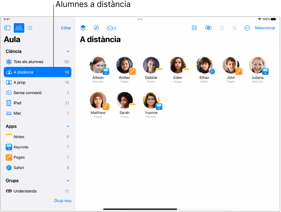 Una captura de pantalla que mostra els alumnes a distància que s’han afegit a l’app Aula.