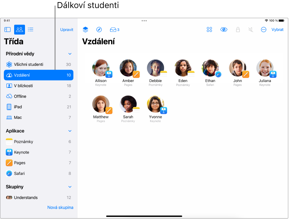 Snímek obrazovky se vzdálenými studenty přidanými v aplikaci Třída