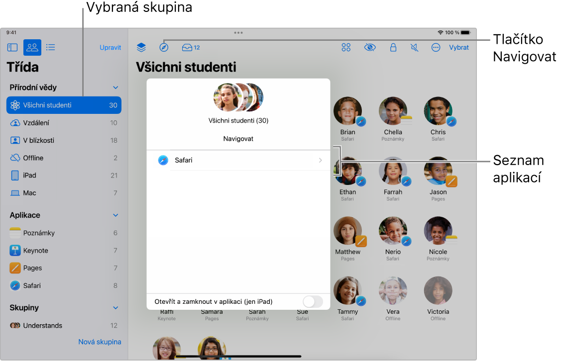 Okno aplikace Třída na iPadu se zvýrazněným tlačítkem Navigovat a vybranou skupinou studentů Na navigačním panelu se zobrazují dvě cílové aplikace – Knihy a Safari.