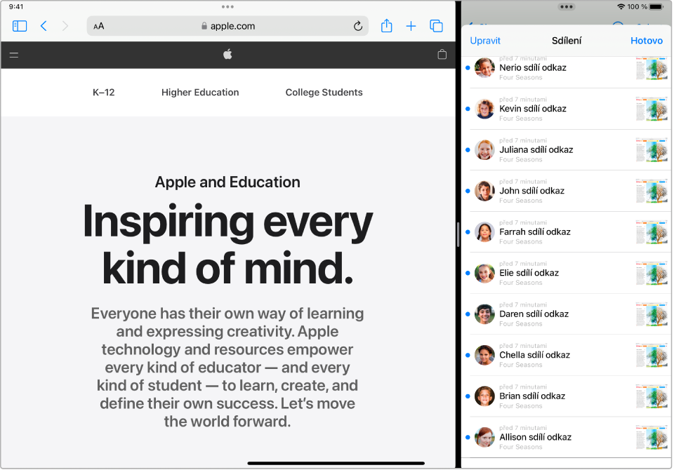 Okno aplikace Třída na iPadu zobrazující seznam sdílených položek a aktuální sdílenou webovou stránku