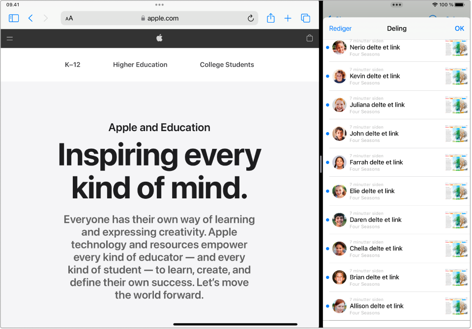 Et vindue i Klasseværelse på iPad, der viser listen med delte emner samtidig med den webside, der er blevet delt.