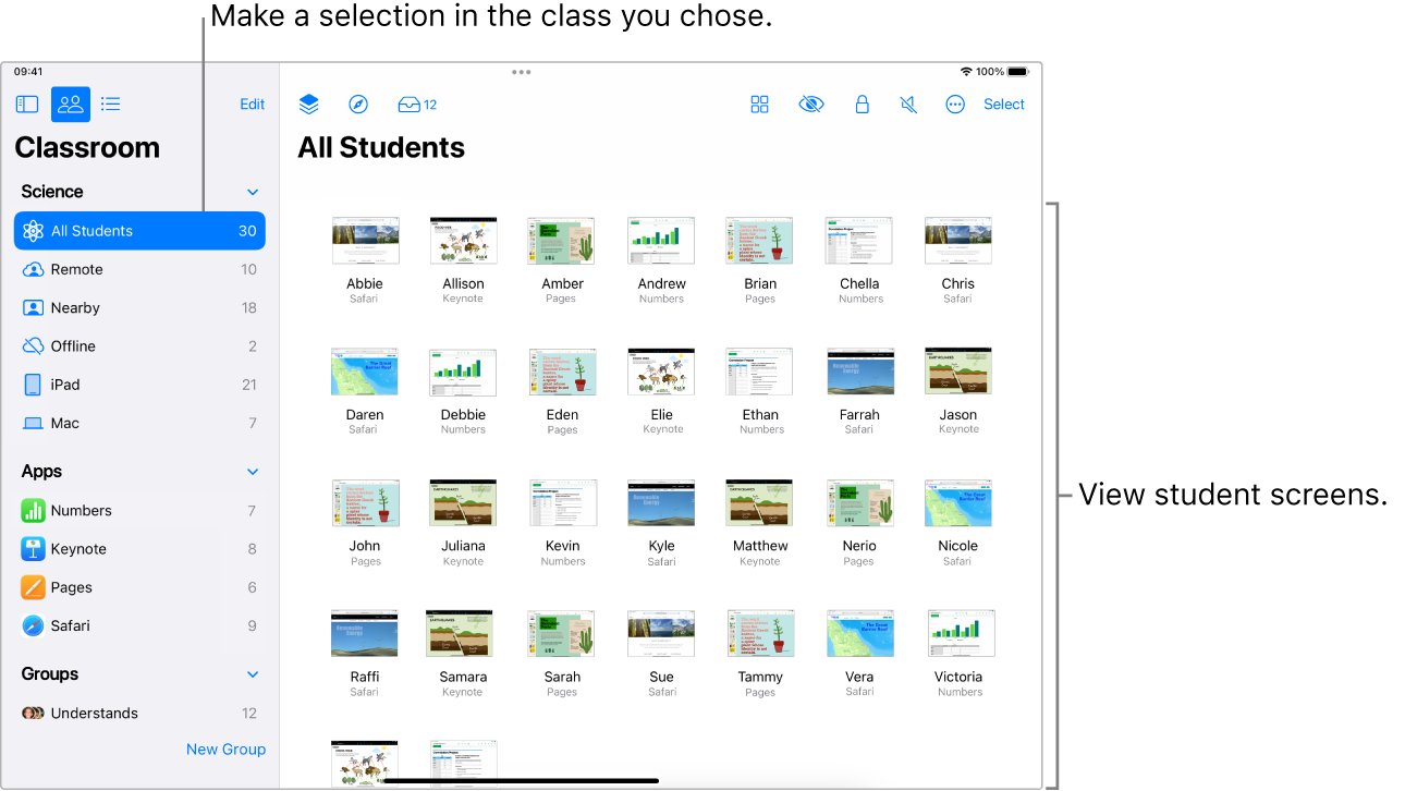 A Classroom window on iPad showing the Screens button selected in the row of actions and a selected group showing screens that can now be viewed.