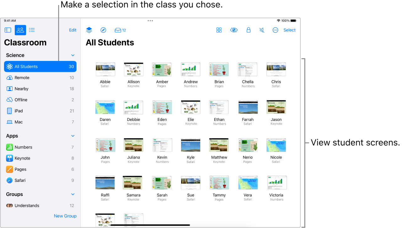 A Classroom window on iPad showing the Screens button selected in the row of actions and a selected group showing screens that can now be viewed.