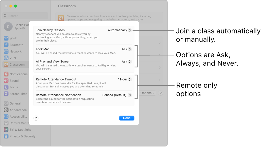 Students’ view of Classroom permissions that are available to them.