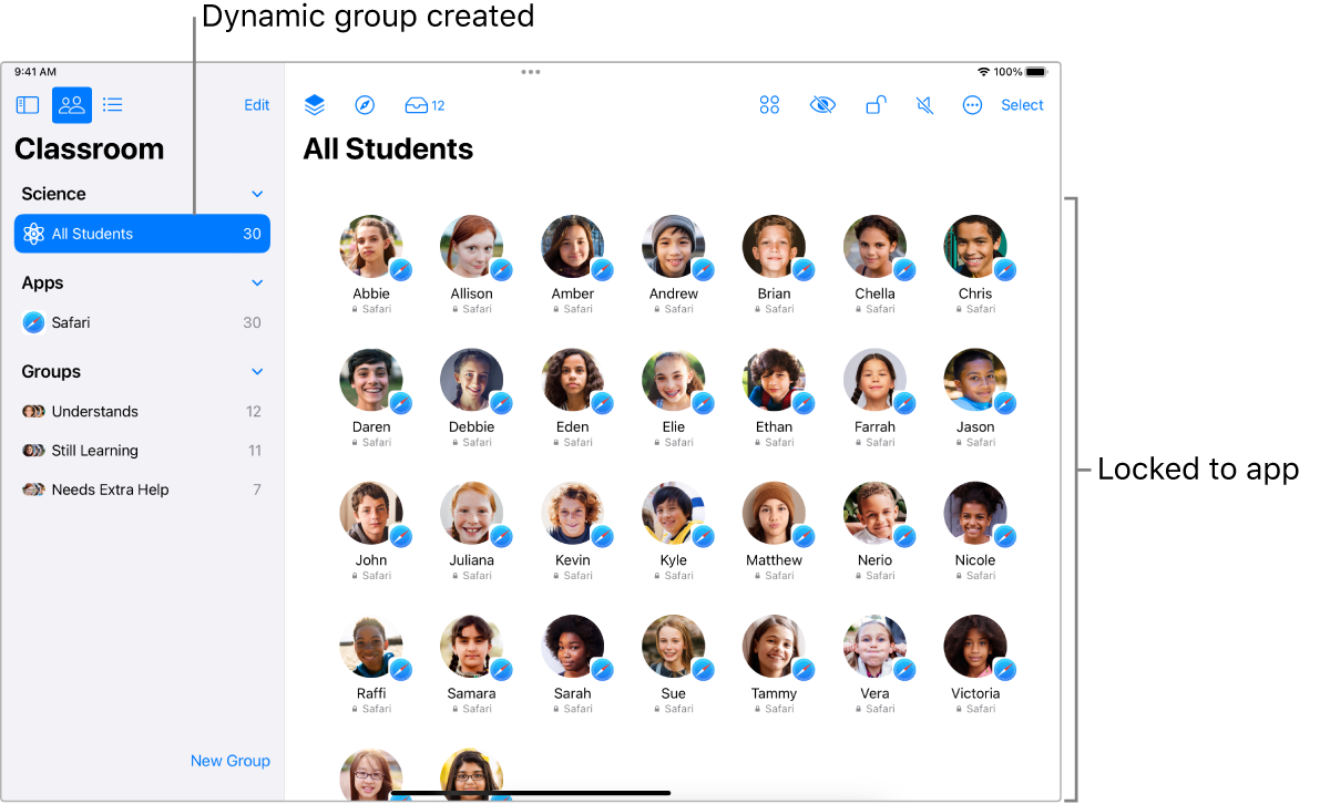 The Classroom window on iPad, showing a group of students “locked” to an app.
