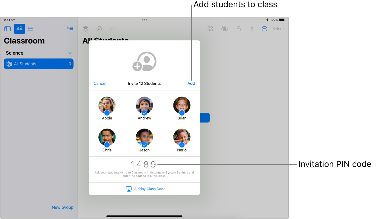 A Classroom pane showing students being invited to join a class and the invite code used to join.