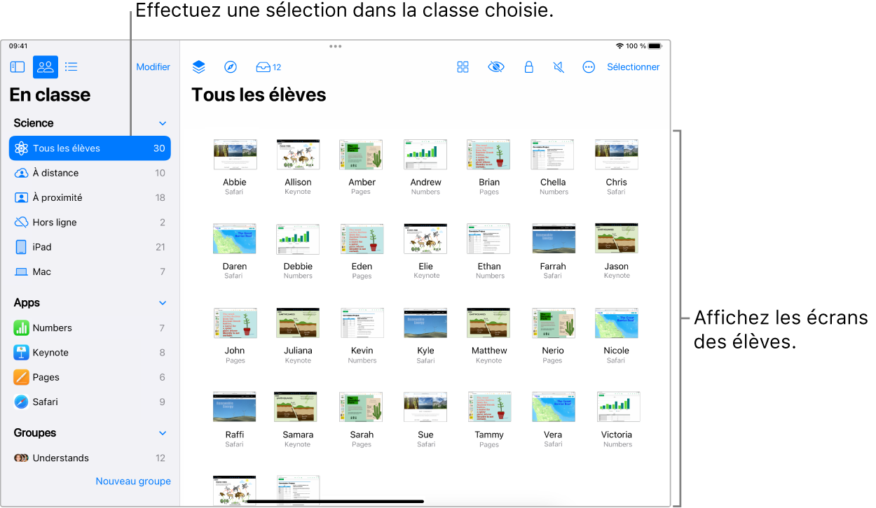 Une fenêtre d’« En classe » sur l’iPad qui affiche le bouton Écrans sélectionné dans la rangée d’actions, et un groupe sélectionné montrant les écrans qui sont désormais accessibles.