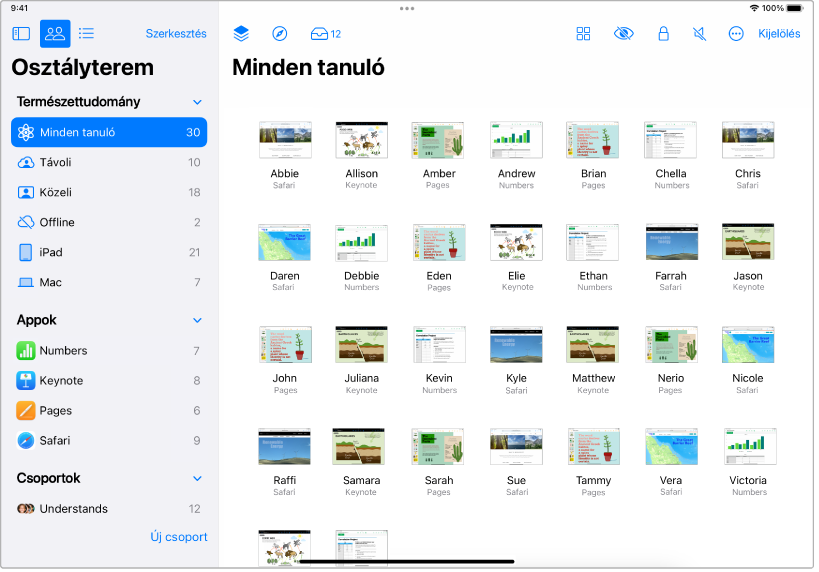 Az Osztályterem app ablaka egy iPaden a kijelölve látható Minden tanuló gombbal. Az egyes kiválasztott tanulók képernyője a képernyő alsó részén jelenik meg.