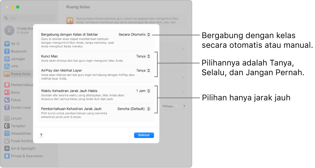 Tampilan izin Ruang Kelas murid yang tersedia bagi mereka.