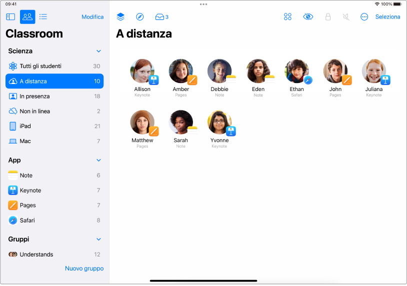 La finestra di Classroom su iPad mostra gli studenti selezionati che sono in remoto.