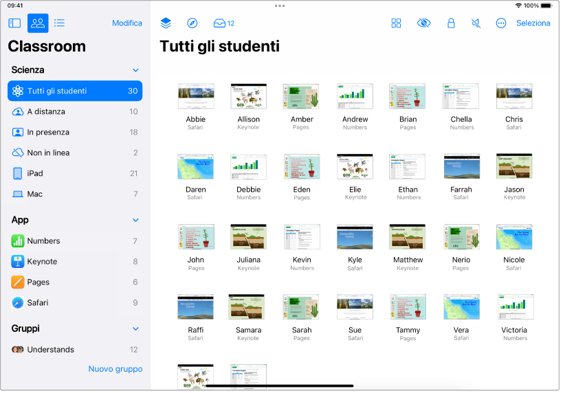 La finestra di Classroom su iPad, con il pulsante “Tutti gli studenti” evidenziato. Lo schermo per ciascuno degli studenti selezionati è mostrato nella parte inferiore dello schermo.