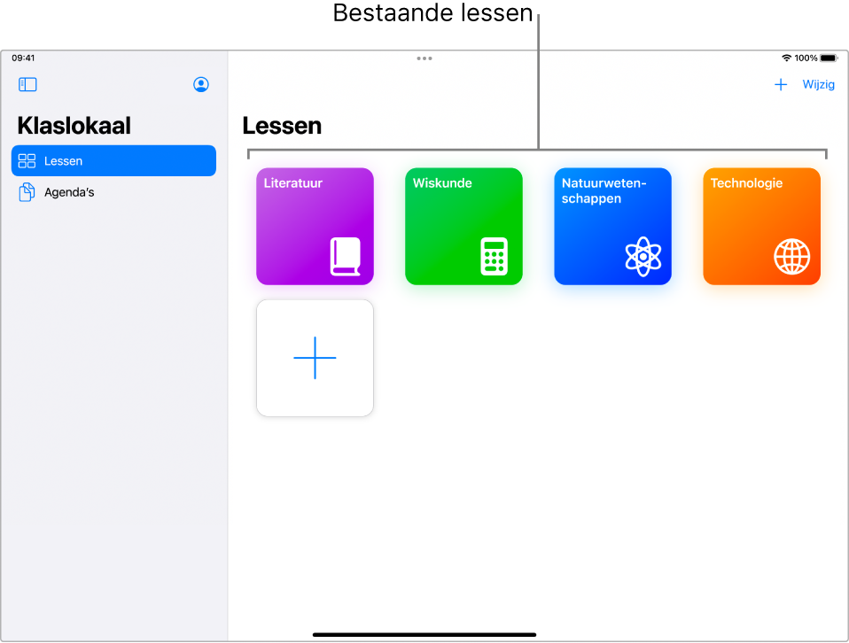 Een schermafbeelding met bestaande lessen die in Klaslokaal zijn aangemaakt.