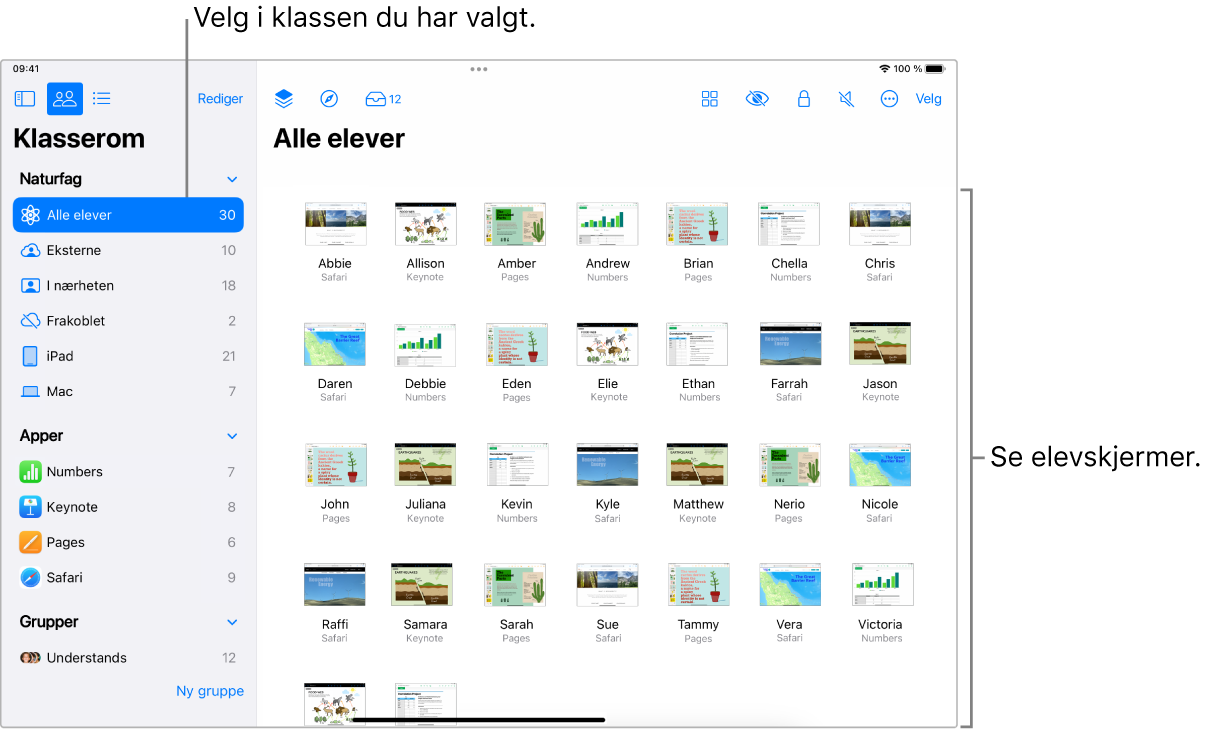 Et Klasserom-vindu på iPad som viser Skjermer-knappen valgt i raden med handlinger, og en valgt gruppe som viser skjermer som nå kan vises.