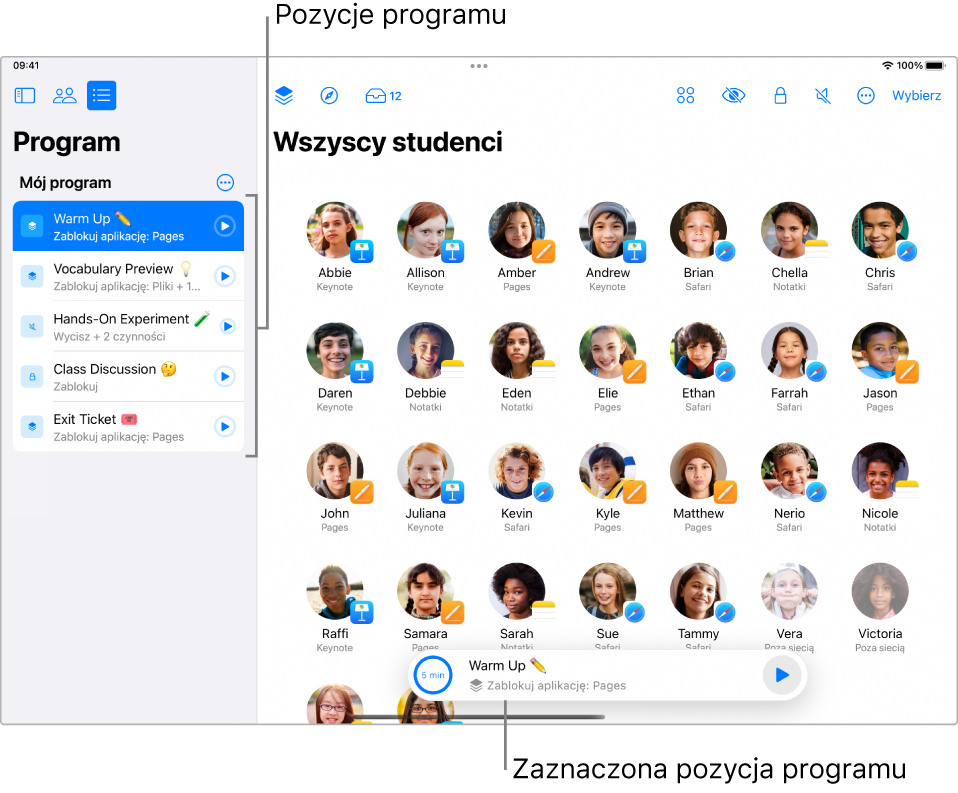 Selektor programu na iPadzie pokazujący program o nazwie Mój program.