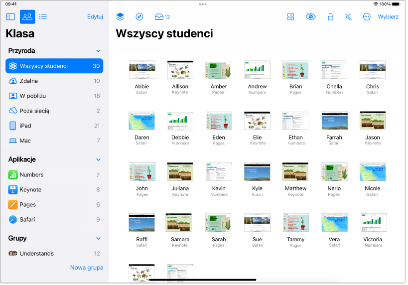 Okno aplikacji Klasa na iPada z wyróżnionym przyciskiem Wszyscy studenci. Ekran każdego z zaznaczonych studentów jest wyświetlany w dolnej części ekranu.