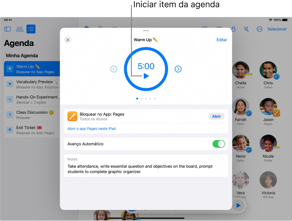 Uma agenda aberta com o primeiro item, chamado Aquecimento, pronto para iniciar.