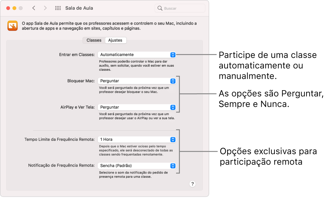 Visualização dos alunos das permissões do Sala de Aula que estão disponíveis para eles.