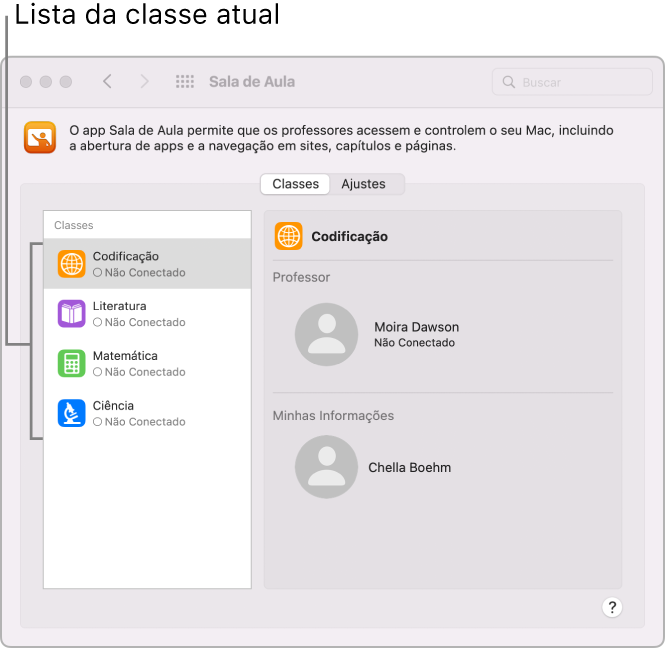 Visualização dos alunos das classes do Sala de Aula que estão disponíveis para eles.