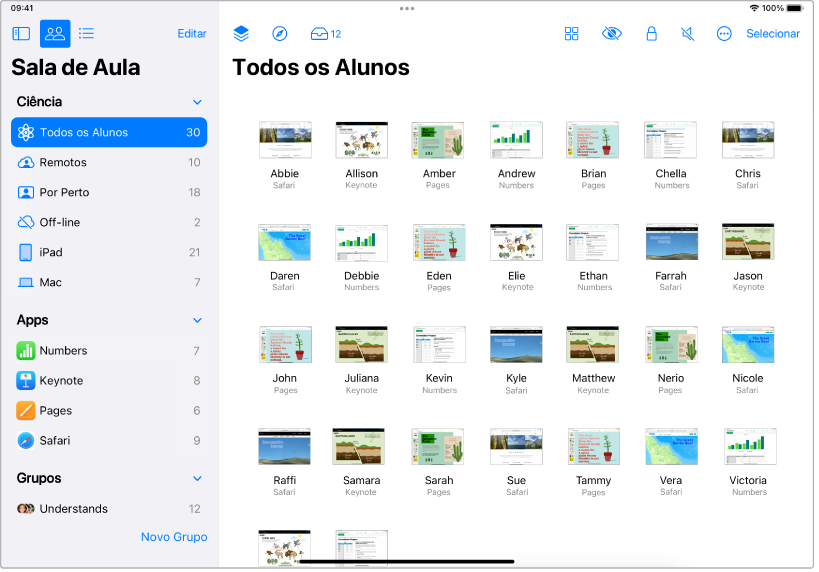 A janela do app Sala de Aula no iPad, com o botão Todos os Alunos destacado. A tela de cada aluno selecionado é exibida na parte inferior da tela.