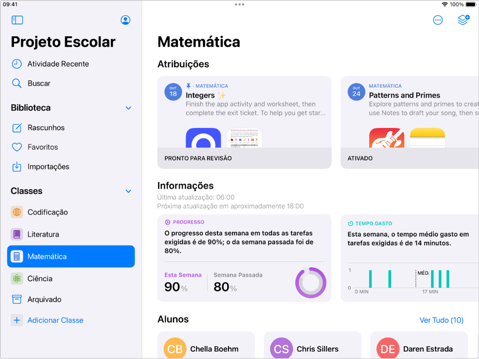 Captura de tela do app Projeto Escolar no iPad.