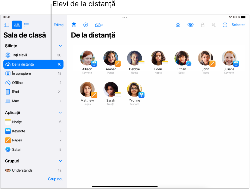 O captură de ecran afișând elevii de la distanță adăugați în Sala de clasă.