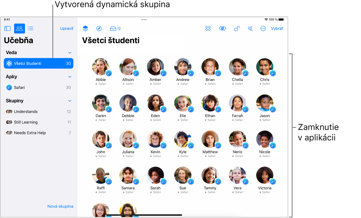 Okno aplikácie Učebňa na iPade zobrazujúce skupinu študentov „zamknutých“ v aplikácii.