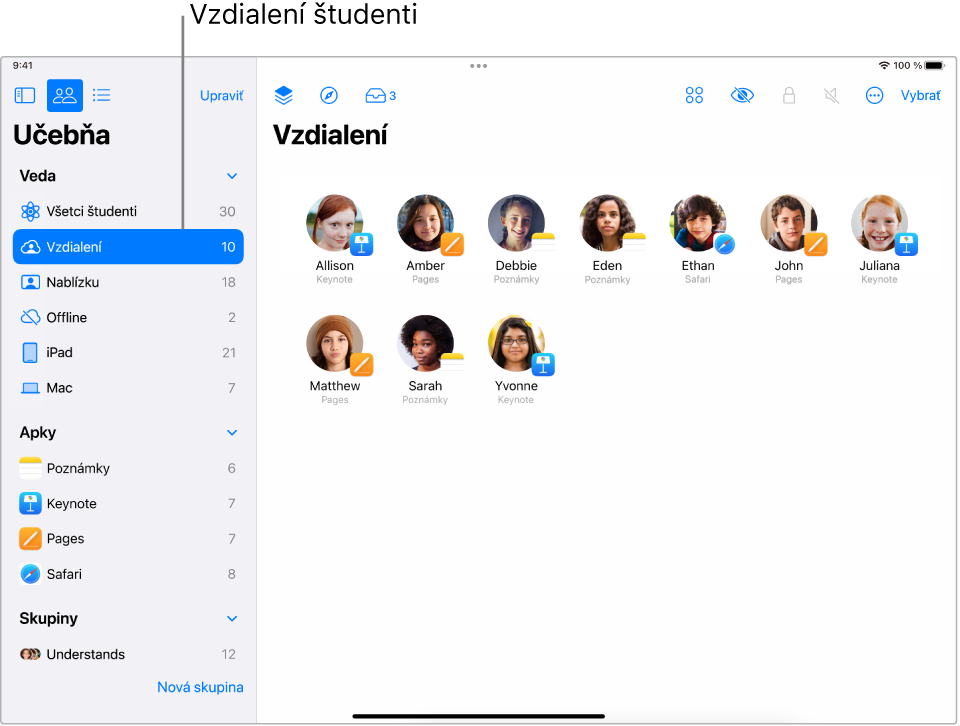 Snímka obrazovky zobrazujúca vzdialených študentov pridaných do apky Učebňa.