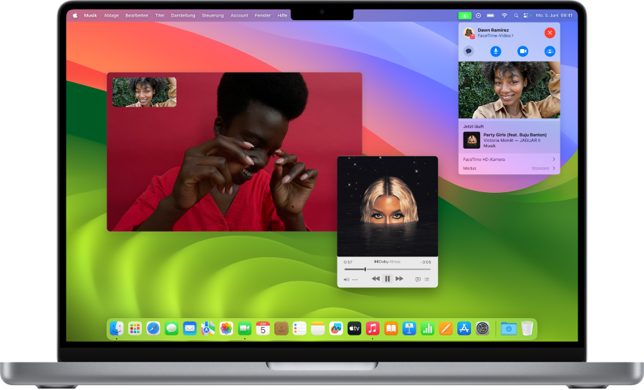 Das FaceTime-Fenster zeigt einen Anruf mit teilnehmenden Personen, die SharePlay zum gemeinsamen Anhören eines Albums verwenden.