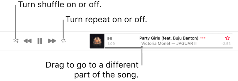 The banner with a song playing. The Shuffle button is in the top-left corner; the Repeat button is in the top-right corner. Drag the scrubber to go to a different part of the song.