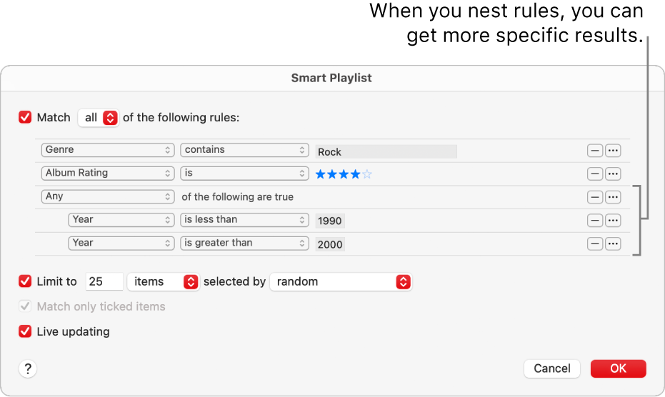 The Smart Playlist dialogue: Use the Nest button on the right to create additional, nested rules to get more specific results.