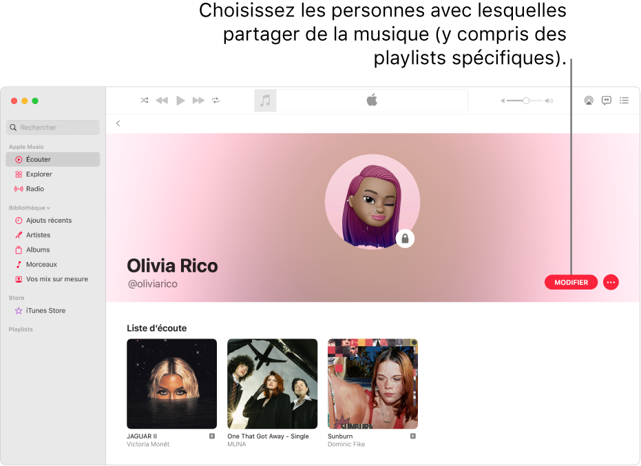 La page de profil dans Apple Music : sur le côté droit de la fenêtre, cliquez sur Modifier pour choisir qui peut vous suivre. À droite de Modifier, cliquez sur le bouton Plus pour partager votre musique.