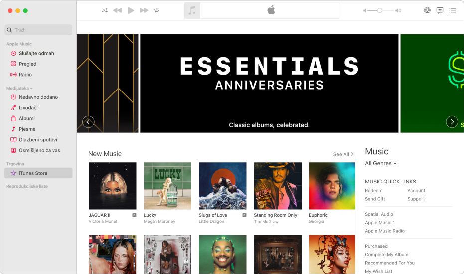 Glavni prozor trgovine iTunes Store: u rubnom stupcu iTunes Store je istaknut.