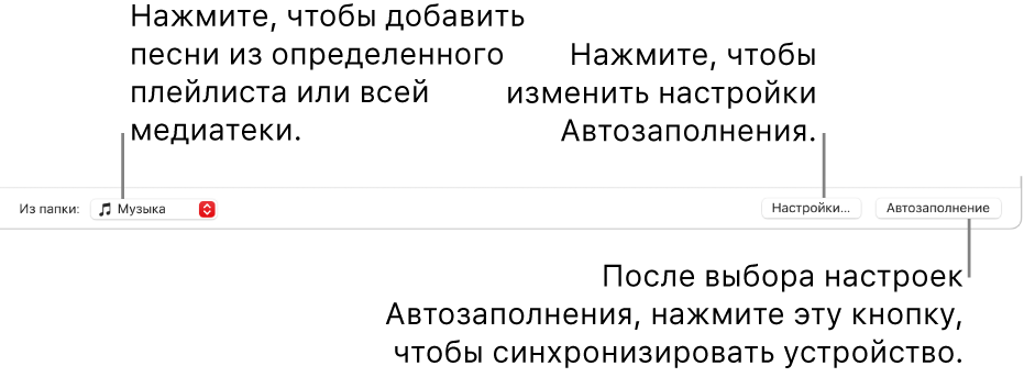 Параметры автозаполнения в нижней части окна «Музыка». У края левой стороны, во всплывающем меню «Из папки», можно выбрать, добавлять ли песни из плейлиста или из всей медиатеки. У края правой стороны расположены две кнопки — кнопка «Настройки» для изменения параметров автозаполнения и кнопка «Автозаполнение». При нажатии кнопки «Автозаполнение» устройство автоматически заполнится песнями, которые соответствуют параметрам.