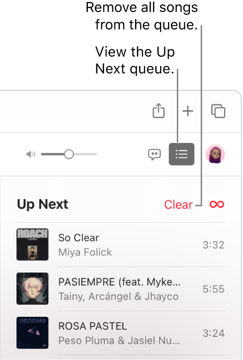 The Up Next button at the top-right corner of Apple Music is selected and the queue is visible. Click the Clear link at the top of the list to remove all songs from the queue.