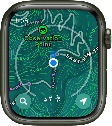 Apple Watch تعرض خريطة طبوغرافية.