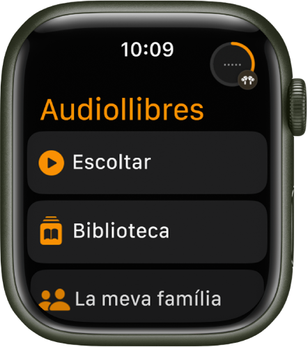L’app Audiollibres amb els botons Escoltar, Biblioteca i “La meva família”.