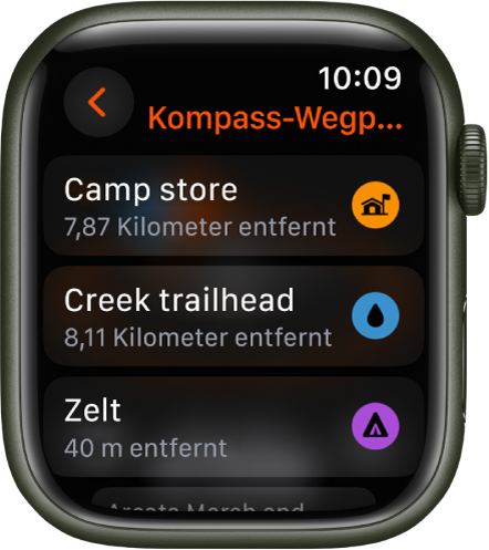 Die App „Kompass“ mit einer Liste von Wegpunkten.