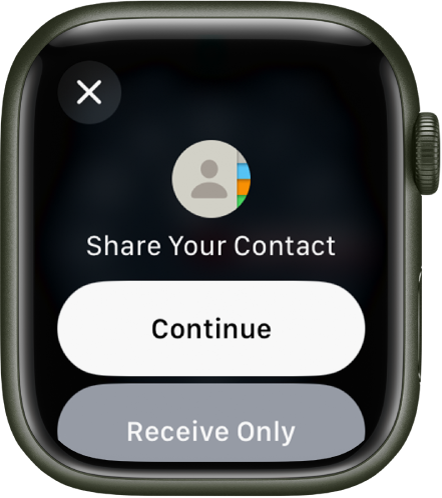 The NameDrop screen showing two buttons—Continue, which lets you receive a contact as well as share your own, and Receive Only, for just receiving another person’s contact information.