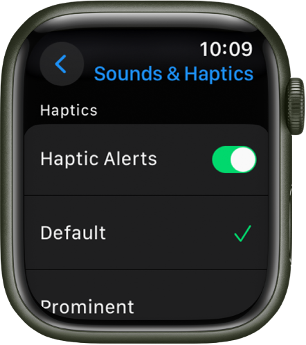 Sounds & Haptics settings on Apple Watch, with the Haptic Alerts switch, and Default and Prominent options below it.