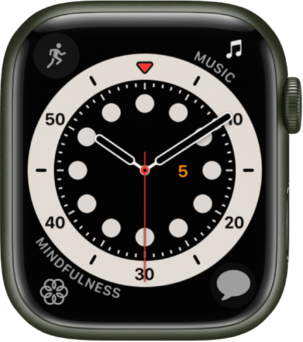 The Count Up watch face. It shows four complications: Workout at the top left, Music at the top right, Mindfulness at the bottom left, and Messages at the bottom right.